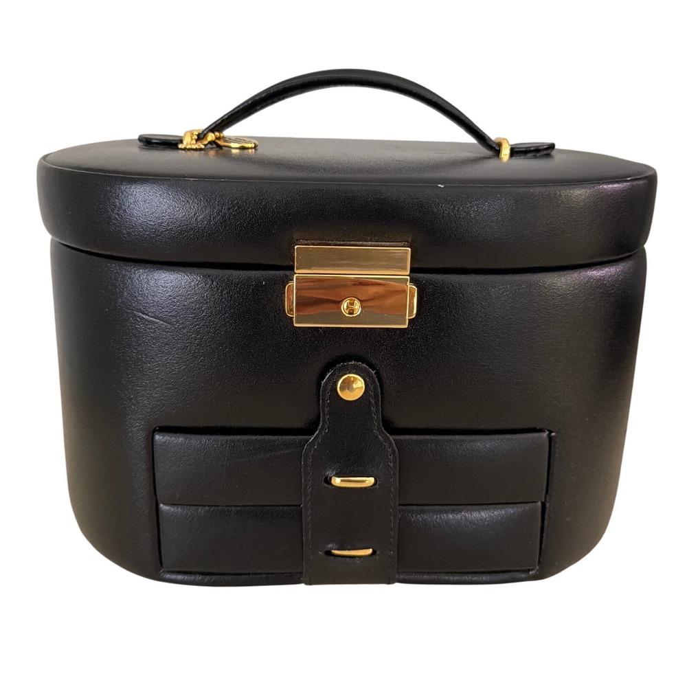 Wolf Designs Black Genuine Leather Oval Jewelry Box with Drawers & Travel Case